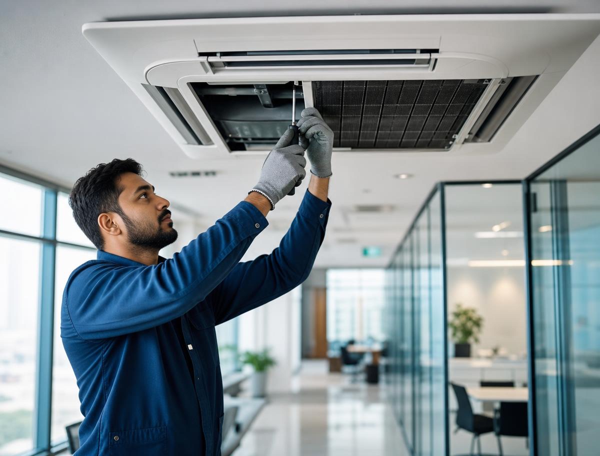 Technician servicing a split air conditioner in an office
